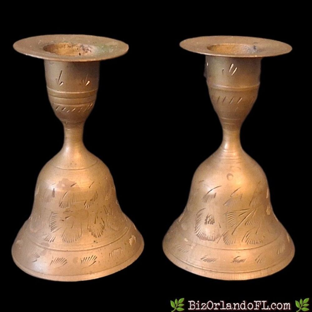 VINTAGE: Etched Brass Bell Candlestick Holders Pair Made in India Boho Decor 4"